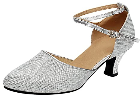 Zapatos De Baile Latino Mujer Bride Tobillo Hebilla Gran Tamaño Lentejuelas Tango Latino Baile Sala De Zapatos Talones Medianos Punta Redonda Elegante, plata, 36 EU