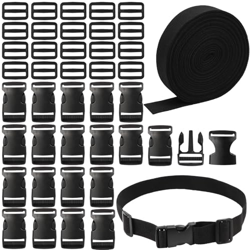20M x 20 mm Gurtband mit 20 Paare Schnallen, Schweres Nylon Gurtband, Einstellbare Kunststoffschnalle, Schwarz Polypropylen Gurte für Rucksack Tasche Koffergurt Gürtel