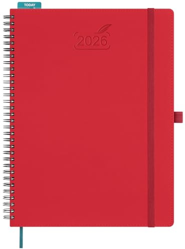 BEZEND Kalender 2026 Buchkalender Ringbuch ca.A4 28,5 x 21,5 cm | Terminplaner 2026 1 Woche 2 Seiten mit Monats-Register | Planer & Terminkalender 2026 A4 mit PU-Leder Softcover - Rot