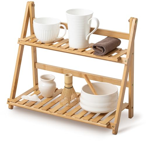Yalikop Matcha Station Shelf,15.7'' Coffee Station Organizer, 2 Tiers Bamboo Mug Holder Countertop,Desktop Flower Pot Rack for Home Living Room Window Sill Foldable Display Storage Shelf(Wood)