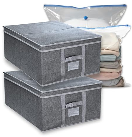 (2 pack) 67.5L XL Clothes Storage Box with Lid – XL Foldable Organiser with Reinforced Sides & Easy-Access Lid – Space Saving Storage for Duvets, Bedding, Blankets & Clothes – Vacuum Storage Bag