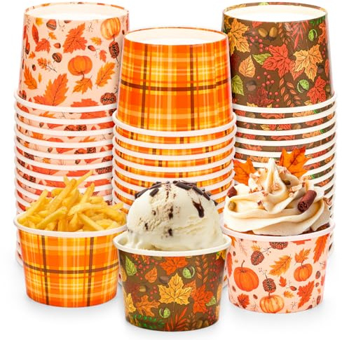 Whaline 48 Pcs Fall Snack Cups Autumn Plaid Pumpkin Leaves Disposable Bowls 9oz Ice Cream Dessert Treat Paper Bowls for Thanksgiving Harvest Holiday Party Food Supplies