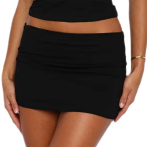 RUIWANBBY Y2k Mini Stretch Skirts for Women Casual Fold Over Low Waist Bodycon Pencil Skirt Trendy Party Going Out Streetwear (Black, S)