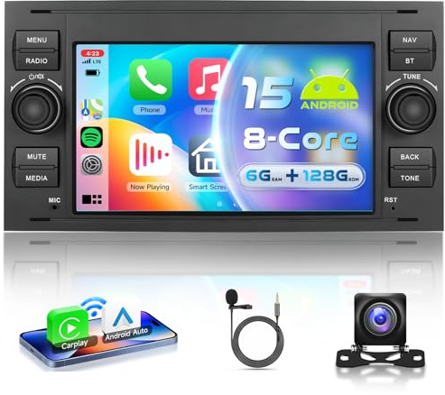 VECHTEL 8 Kern 6G+128G Autoradio Android 15 für Ford Focus Fiesta C/S-Max Transit Galaxy Mondeo Connect, 7'' HD IPS Touchscreen mit Drahtlos Carplay Android Auto GPS Wi-Fi Bluetooth USB FM RDS Kamera