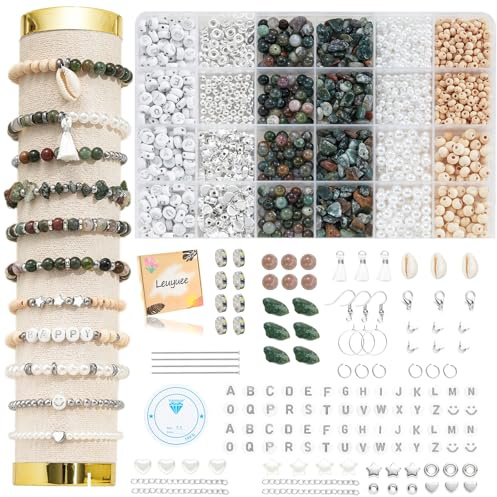 Leuyuee Silber Perlen für Armbänder Natürliche Amazonit Edelstein Perlen Set Zum Auffädeln Kit Perlenset Beads für DIY armbänder selber machen Schmuck Halskette Ohrringe Kette (CZ006-Achatfarben)