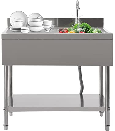 Repomanda, Stainless Steel Sink with Cupboard,100x60x80cm Right, with worktop and Drain Surface, for Kitchen, Garage, Garden, Outdoor, Robust, Including Sieve Basket and tap