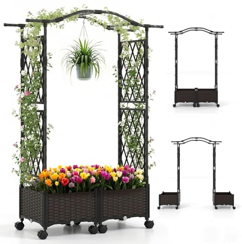 RELAX4LIFE Jardinière Surélevée avec Treillis, Arche Jardin avec 2 Jardinières sur roulettes, Montage Modulable sans Outil, Auto-Arrosage, Trous de Drainage, pour Plantes Grimpantes Légume Fleur