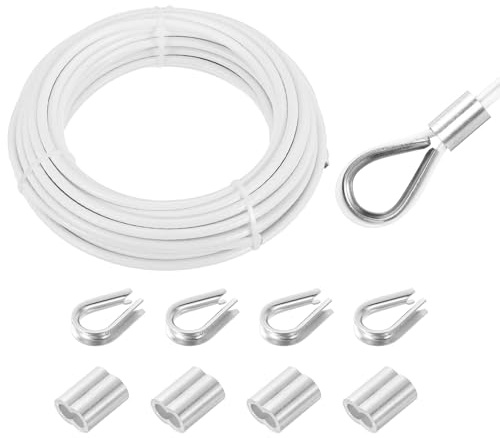 QUARKZMAN 10 Meter x 5mm Drahtseil Edelstahl, Stahlseil Spanndraht mit 4 x Crimpschlaufe Hülsen und 4 x Kauschen, Edelstahlseil 304 Gardinenseil Wäscheleine für Kletterpflanzen, Weiß