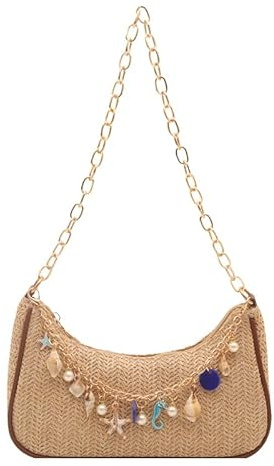 Damen Strohtasche Halbmond Mondtasche, Geflochtene Strohgeflecht Umhängetasche mit Kette, Sommer Schultertasche Gewebte Basttasche für Urlaub Strand Freizeit