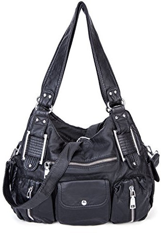 VINBAGGE Damen Handtasche Umhängetasche PU Leder Tasche Große Schultertasche Reisetasche Shopping Arbeit Hobo Henkeltasche für Frauen mit vielen fächern- Schwarz