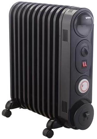 MYLEK Oil Filled Radiator Heater Electric, Portable 2.5KW Black, Thermostat and 24hr Repeat Timer, 3 Heat Settings, Unique Safe Panel Fin Design (2500W Black)