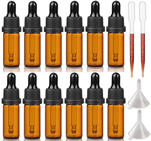 Hyber&Cara 5 ml bärnstensglasflaska med dropppipett för eterisk olja, aromaterapi blandningar av glasdroppflaskor, paket med 12
