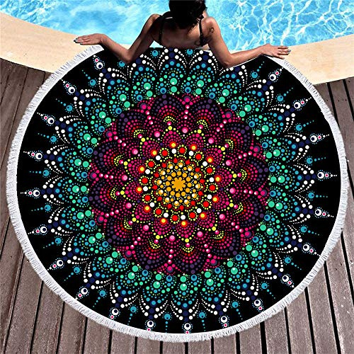 Strandtuch Rund 150 Mandala Böhmen, Morbuy Handwerk Quaste Mikrofaser Strand Yoga Matten Tragbare Tapestry Überwurf Tischdecke Picknickdecke Badetuch Schal 2 Clips (150cm,Farbschmuck)