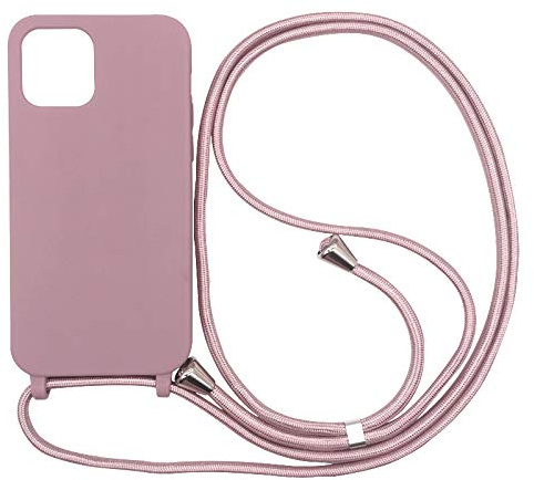 PuYu Zhe Compatible With iPhone 12/12 Pro Case,Soft Matte Silicone TPU Crossbody Cover with Adjustable Neck Cord Lanyard Strap,Slim Stylish Shockproof Lanyard Case-Sand Pink