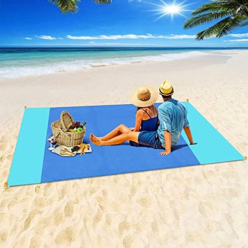 OUGEP Stranddecke Sandfrei, Picknickdecke Wasserdicht Überdimensioniert Strandtuch Strandmatte 4 Befestigung Ecken für den Strand, Wandern, Campen und Outdoor (200 x 210 cm (Blau)