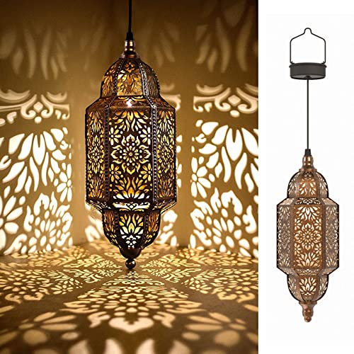 Twinkya 2 Pack Hanging Solar Lights Outdoor Garden Decorative Solar Lantern Waterproof Metal Moroccan Outdoor Decorations for Patio Pathway Yard Porch Backyard Garden Decor (Gold, 2 Pack)