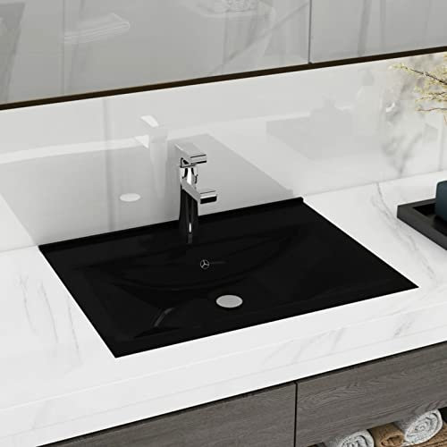 Gecheer Luxus-Waschbecken mit Hahnloch, Keramik Waschbecken, Waschschale, Aufsatzwaschbecken Matt-Schwarz 60x46 cm