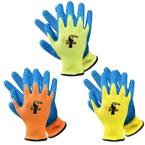 Donfri 3 Pairs Kids Gardening Safety Work Gloves, Latex Coated (Age 9-12) | Natural Latex, Non-Slip Grip,Breathable, Waterproof Palm & Elastic Cuffs. Ideal for Gardening, DIY, Painting (Age 9-12)