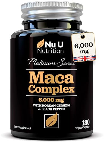 Black Maca Root 6000mg - 180 Vegan Capsules - Premium Peruvian Maca, Korean Panax Ginseng & Pepper - High Strength Complex for Men & Women - 6 Month Supply - Made in The UK - Nu U Nutrition