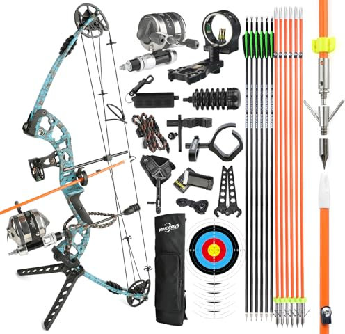 surwolf Bowfishing Compound Bogen Set Fertig zum Fischen Kit mit Bowfishing Reel, Bogen Angeln Pfeile Rechts Links Hand für Erwachsene Jugend Angeln Jagd, Zielschießen (Linkshänder, blau)