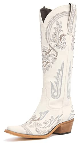 Western Cowboy Boots for Women Embroidered Rhinestones Knee High Cowgirl Boots Pointed Toe Chunky Heel Fashion Retro Classic Tall Boot