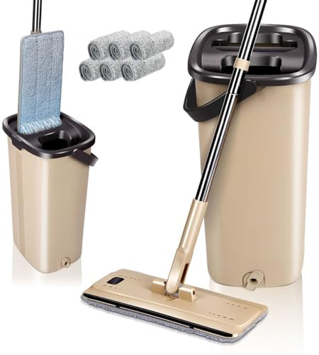 Mocio Lavapavimenti e Secchio Strizzatore, Masthome Mocio Piatto Professionale, Mocio in Microfibra con Secchio, per Lavaggio Pavimenti, Strizzatura a Mani Libere, con 6 Panni Riutilizzabili