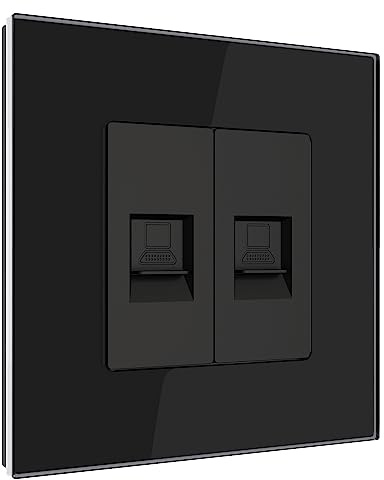 PULSAR Netzwerk-Dose CAT 5e Schwarz Glas Unterputz 1-Fach - LAN-Datendose | Netzwerkdose Ethernet Dose 2x CAT5e Schwarz mit Glas Rahmen 1 Fach - 2x RJ45 Port LAN Datendose Unterputz 8P8C Buchse