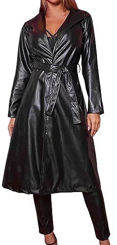 HolAngela Dam, konstläderkappa, reverskrage, steampunksill PU kappa, trenchcoat aÜs konstläder damer, läderkappa, övergångsjacka, enfärgad vindjacka aÜs konstläder vinterjacka, långärmad läderkofta,
