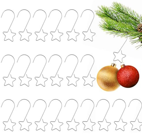 Kieswan Lot de 60 Crochets de Suspension pour Boules de Noël - Petit Crochet en métal argenté - en Forme d'étoile - pour décorations et décorations de Sapin de Noël