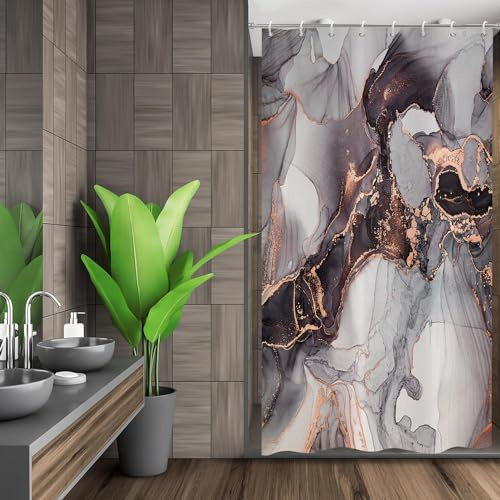 ASDCXZ Marmor Duschvorhang 120x200 cm, Modern Abstrakt Kunst Schwarz Gold Grey Marmor Optik Textur Bad Waschbar Duschvorhänge Polyester Textil Wasserdicht Badevorhang für Badewanne mit 8 Haken