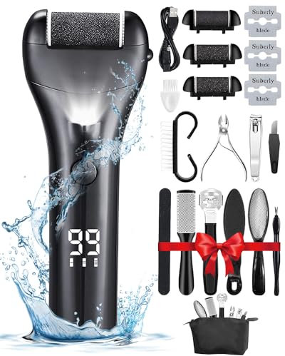 15 in 1 Electric Foot File for Hard Skin, Rechargeable Foot Callus Remover with 3 Roller Heads, LED Display & 3 Speed, Foot Care Kit with Storage Bag for Dry Dead Skin Cracked Heels Calluses