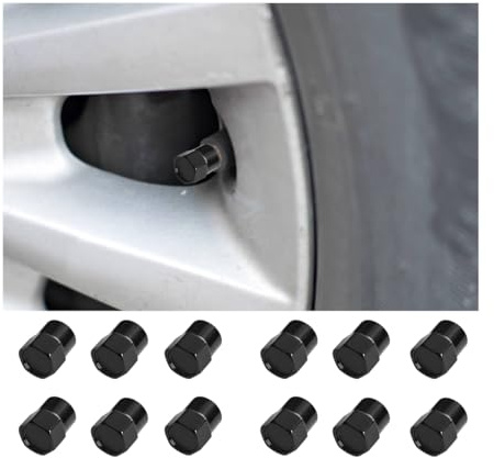 JNNJ 12 Stück Auto Ventilkappen Abdeckung, Autoventil Aluminium Kappen, Reifenventil-Staubkappen Mit Dichtung Universal Sechskant Ersatz, Ventilkappen Auto(Schwarz)