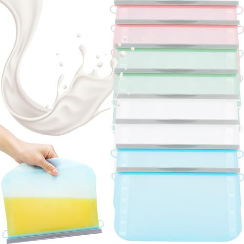 SQAQS 8 Stück Wiederverwendbare Muttermilchbeutel, Schnelles Einfrieren und Auftauen，500-ml Lebensmittelqualität Silikon-Milchbeutel, Selbststehend, Platzsparend, Undichte Stellen Verhindern, 4-Farben