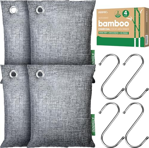 Assorbitore di odori al carbone attivo, grandi 4 x 200 g con ganci per rimuovere odori naturali, per odori forti, sacchetti purificanti dell'aria al carbone di bambù, eliminatore di odori per casa,