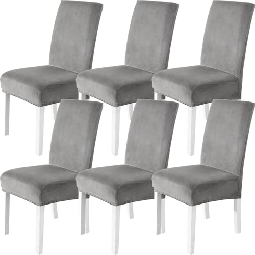CYCMACO Stuhlhussen Samt 6er Set, Stretch Stuhlüberzieher, Stuhlbezug Schwingstuhl, Hussen Für Stühle Hochlehner, Stuhlbezüge Kratzfest, Universal Chair Cover Waschbarer, Hellgrau