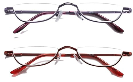 Hubeye 2 Pack Halbmond Lesebrille aus Metall für Damen und Herren Halbrahmen Lesehilfe Ultraleichte Federscharnier Schmal Sehhilfe 1.00