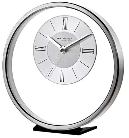 Wm.Widdop Round Silver Mantel Clock - W2937S - H 204mm, W 61mm, D 197mm - Quartz Movement