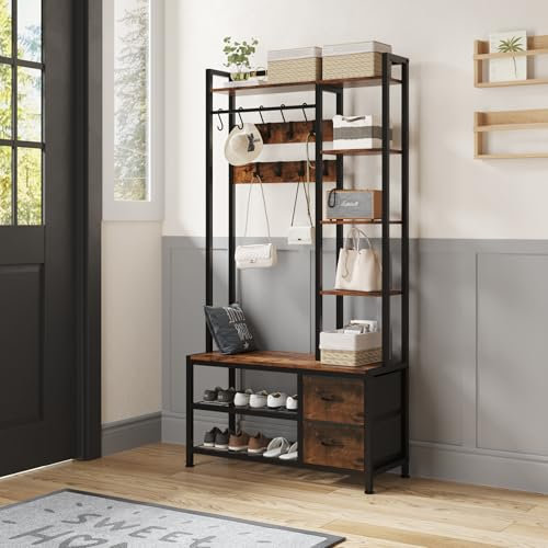 LUMTOK Hall Tree with Bench Storage and Shoes Storage, Hall Tree with Drawers and Shelves for Bedroom, 6-in-1 Entryway Organizer with Shelves, Living Room, Entryway, Closets (Rustic Brown)