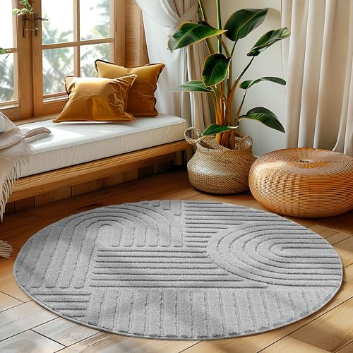 HomebyHome Teppich Rund 120 cm Grau, Hochflor Wohnzimmer Teppich, Weich & Flauschig, Skandinavisch Boho Stil, Langflor Shaggy, Pflegeleicht, Jute Rückseite