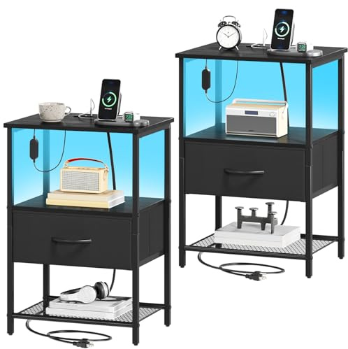Somdot Bedside Table Set of 2 with Charging Station and LED Light, Small Bed Side Table for Bedroom Dorm Kids Room Closet, 1 Drawer Bedside Cabinet with 2 Outlets and 2 USB Ports, Black
