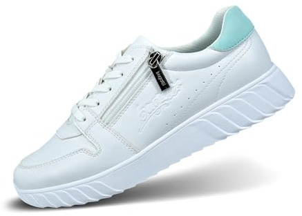 bugatti Damen-Weiße Sneakers mit Chunky Featherlight Eva-Sohlen, gestreifter Prägung, Reißverschlussdetail und dekorativen Perforationen weiß/hellgrün 38 EU