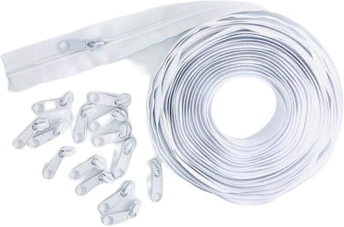 Telliswelt Endlos-Reißverschluss 10 m, 3mm Spirale, weiß, 30 Schieber | Endlos-Reißverschluss, 3 mm Spirale, weiß, 10 m inkl. 30 Metall-Schiebern: zuschneidbar für Bettwäsche, Kissen und mehr.