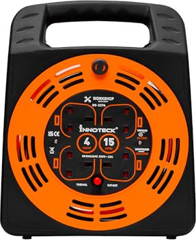 Innoteck 4 Way 15M 13A Cable Reel - with Handle - Thermal Cut Out and Resetting Switch - Heavy Duty Cable and Portable - Cord for Outdoor and Indoor - Orange and Black