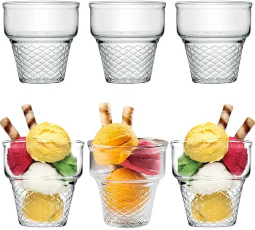 Set da 6 Bicchieri Gelato in Vetro Resistente e Trasparente con Design a Cono, Coppe per Dessert, Yogurt, Caffè, Dolci, Tè e Bevande, Ideali per Feste, Cene e Uso Quotidiano, Lavabili in Lavastoviglie