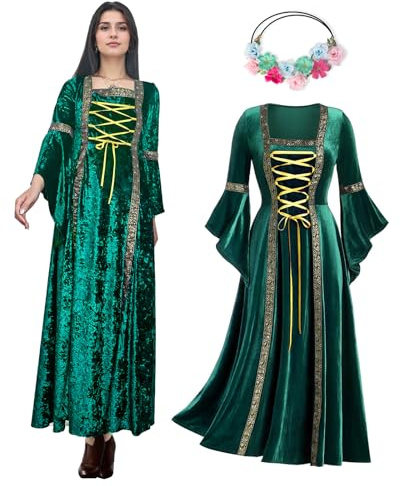 OPAEHJF Robe en velours rétro Renaissance pour femme - Robe médiévale Halloween vintage victorien gothique - Costume avec manches trompette - Cosplay (Vert, M)