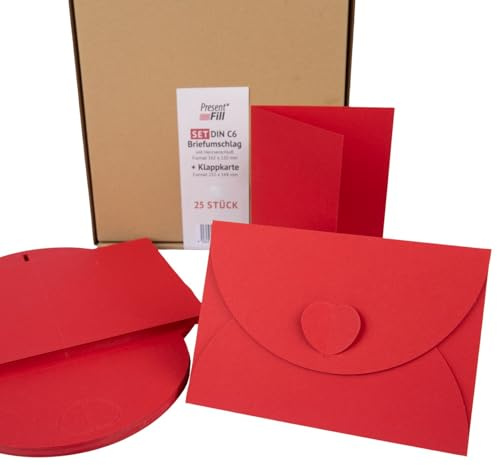 PresentFill® - blanko Falt-Karten inkl. Briefumschläge mit Herz Verschluß - 25er Set - Rubin Rot - Klappkarten zum selbst gestalten, beschriften oder bedrucken - DIN A6 / C6