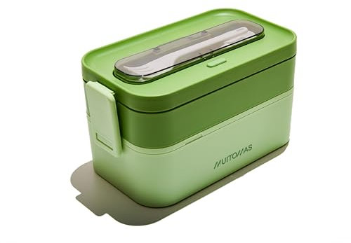 Muitomas, Lunch Box 1700ml, Porta Pranzo con Posate e Due Contenitori, Portapranzo Ermetico per Alimenti, Lunch Box Microonde, Lavastoviglie e Congelatore, Colore Verde Salvia