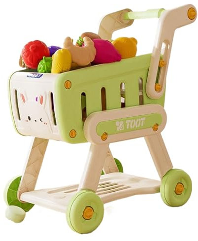 Einkaufswagen für Kinder, Kindereinkaufswagen mit 13 zufälligen künstlichen Obst und Gemüse, Kleinkinderwagenspielzeug, Kinderhändler für das Spielen und Rollenspiel (grün)