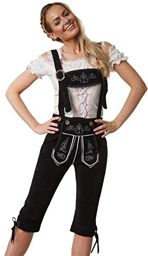 dressforfun 900803 Damen Lederhose mit Träger, schwarze Kniebund-Lederhose in klassischer Trachtenform, weiße Stickereien (XXL| Nr. 302819)