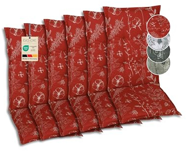 GO-DE Textil Bequeme und attraktive Polsterauflagen für Mittellehner-Gartenstühle (6er-Set, Blumen und Stengel rot, Mittellehner)